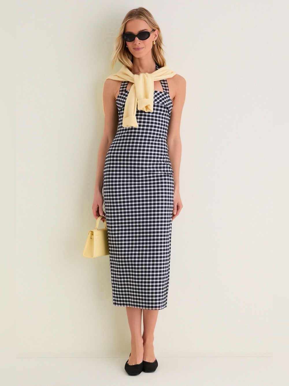 Posse Chiara Black and White Gingham Midi halter Dress